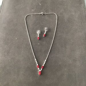 Red Rhinestone Necklace And Earrings Set